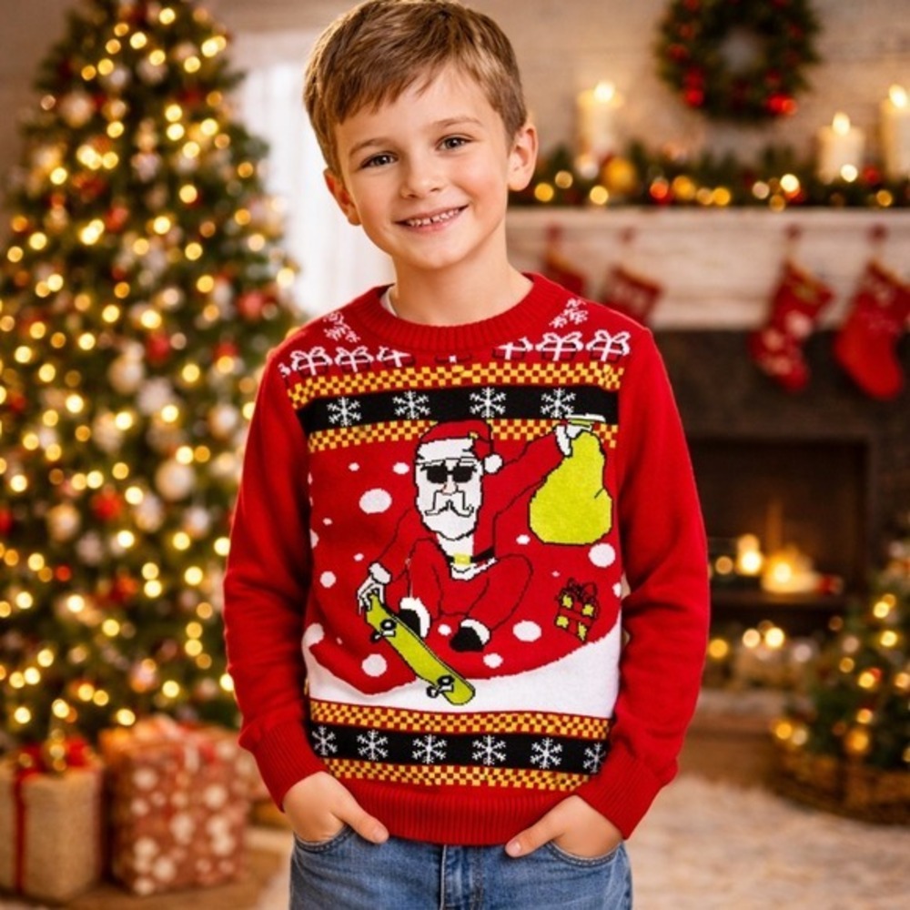 NWT Well Worn Holiday Sweater Skateboarding Santa Clause Red Christmas Sweater S
